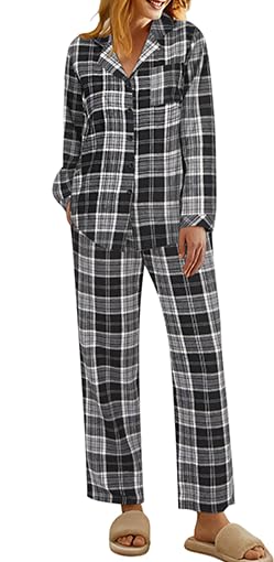Pajamas for Women 2 Piece Lounge Set Long Sleeve Plaid Sleepwear Casual 2 Piece Pjs S-XXL