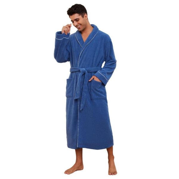 Mens Shawl Collar Fleece Bathrobe, Soft Warm Long Sleeve Robe with Pockets Spa Robes for Men Cozy Sleepwear