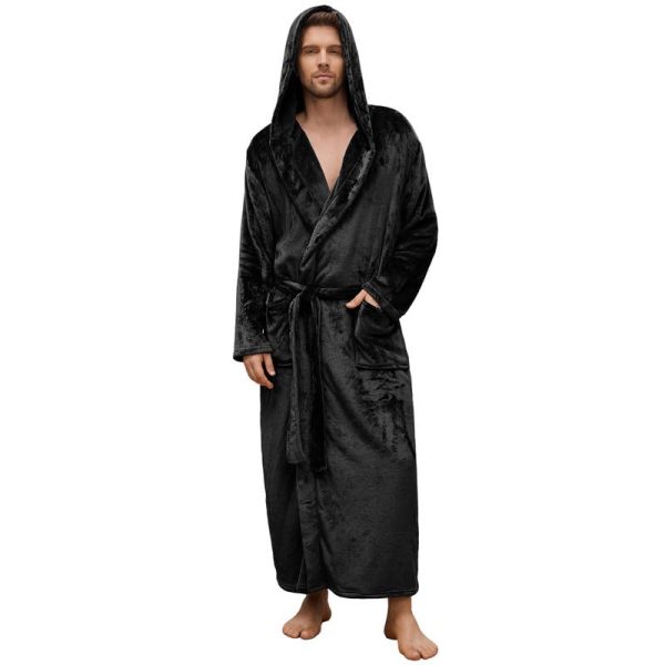 Mens Hooded Robe, Full Length Plush Robe for Men Big and Tall Fleece Bathrobe