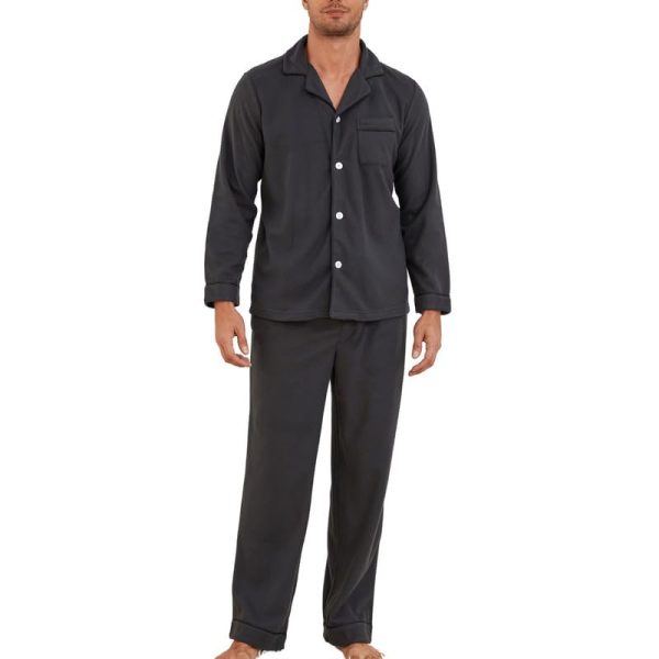Mens Button Down Pajamas Set Soft Classic Lapel Sleepwear Long Sleeve Flannel Top & Pants Set