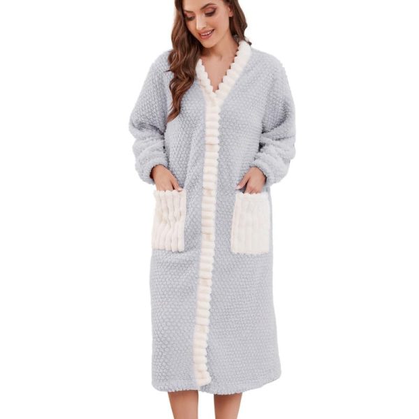 Womens Plush Robe, Soft Fluffy Bathrobe for Women Winter Button Warm Loungewear