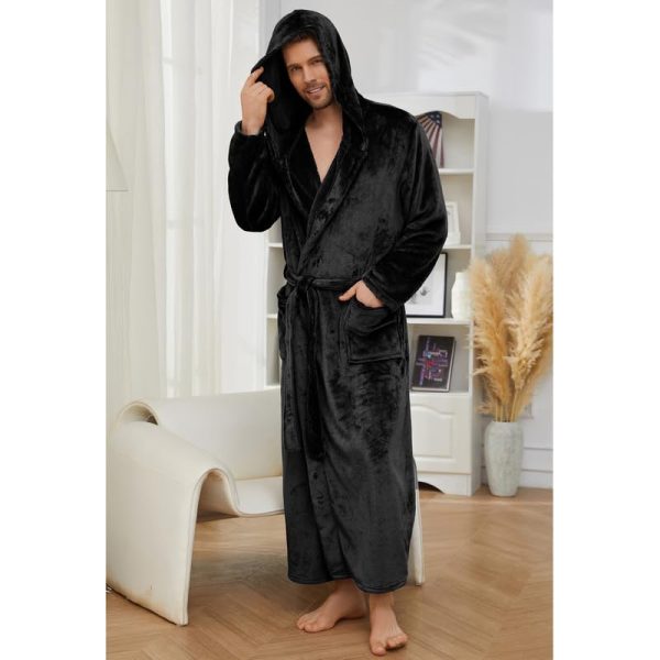 Mens Hooded Robe, Full Length Plush Robe for Men Big and Tall Fleece Bathrobe