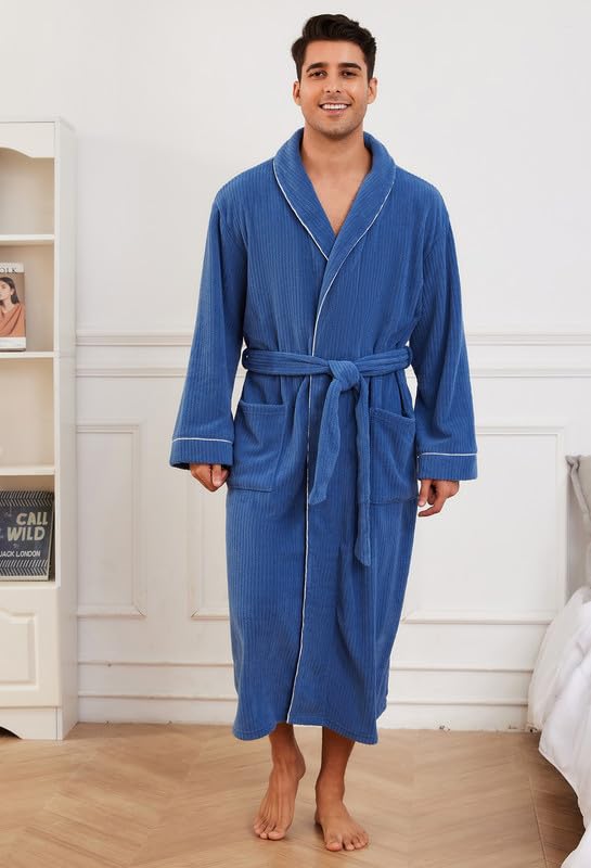 Mens Shawl Collar Fleece Bathrobe, Soft Warm Long Sleeve Robe with Pockets Spa Robes for Men Cozy Sleepwear