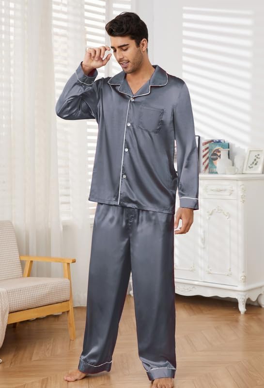 Mens Silk Pajamas Set, Long Sleeve Satin Pajamas for Men Sleepwear Button Down Pjs Set Two-piece