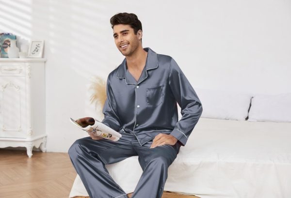 Mens Silk Pajamas Set, Long Sleeve Satin Pajamas for Men Sleepwear Button Down Pjs Set Two-piece