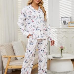 Womens Pajama Sets Floral Print, Long Sleeve Button Down Pajamas Set for Women Soft Sleepwear Pjs 2 piece Loungewear