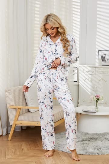 Womens Pajama Sets Floral Print, Long Sleeve Button Down Pajamas Set for Women Soft Sleepwear Pjs 2 piece Loungewear