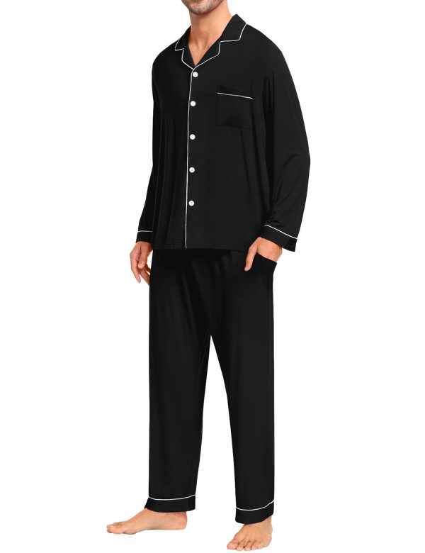 Men Pajamas Set Comfy Modal Pjs Button Down Sleepwear 2 Piece Long Sleeve Lounge Set Soft Nightwear with Pockets