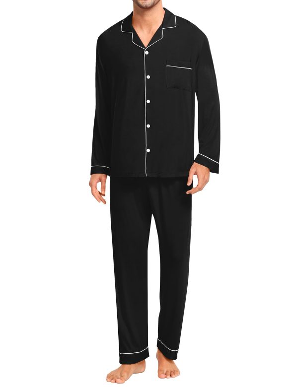 Men Pajamas Set Comfy Modal Pjs Button Down Sleepwear 2 Piece Long Sleeve Lounge Set Soft Nightwear with Pockets
