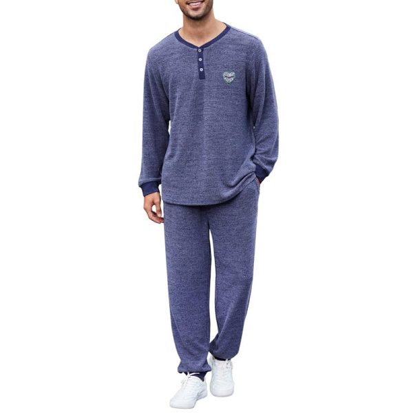 Mens Henley Collar Pajama Set Long Sleeve Pajamas for Men loungewear Casual Sleepwear Pjs Set