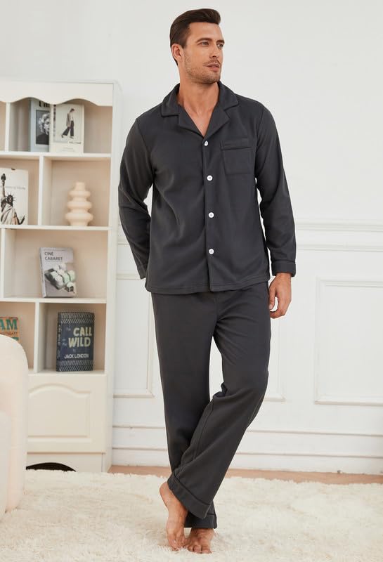 Mens Button Down Pajamas Set Soft Classic Lapel Sleepwear Long Sleeve Flannel Top & Pants Set
