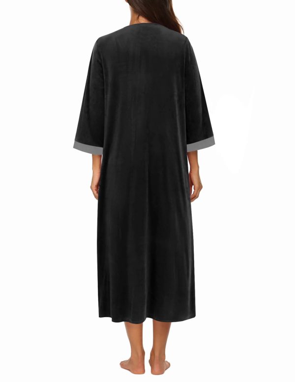 Robe for Women Velour Zipper Robe 3/4 Sleeves Housecoat Full Length Loungewear Long Bathrobe with Pockets