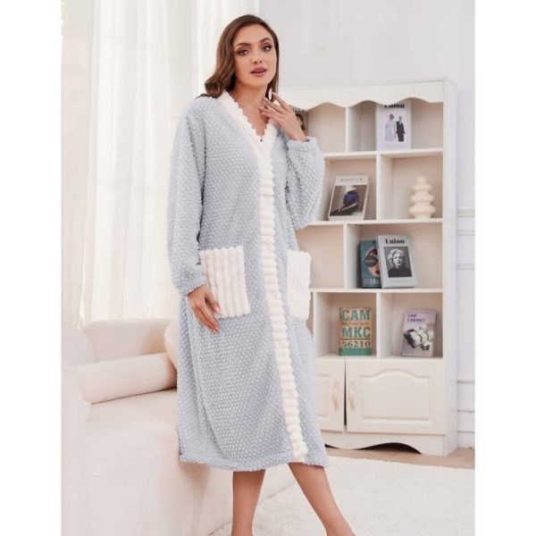 Womens Plush Robe, Soft Fluffy Bathrobe for Women Winter Button Warm Loungewear
