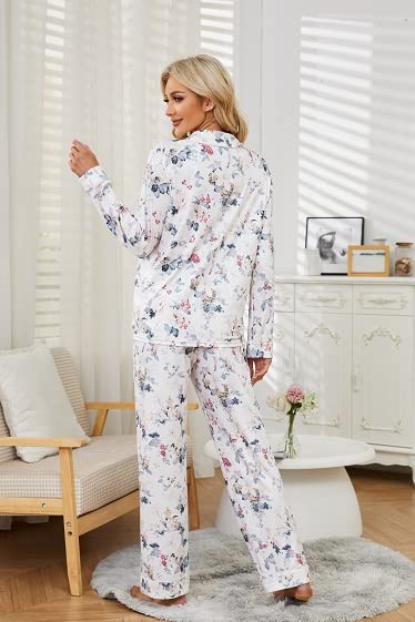 Womens Pajama Sets Floral Print, Long Sleeve Button Down Pajamas Set for Women Soft Sleepwear Pjs 2 piece Loungewear