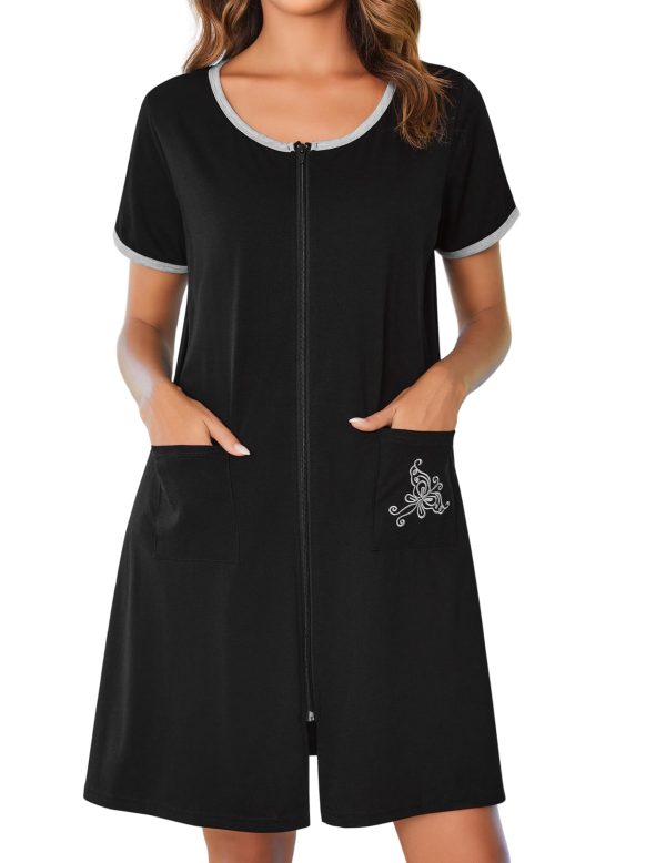 Zip Up Robes for Women Short Sleeves Zipper House Coat Short Bathrobes Lightweight Nightgown with Pockets S-3XL