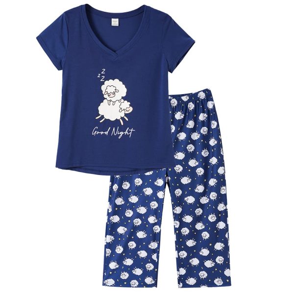 Women Soft Comfy Pajamas Cute Cat Short Sleeve Capri Pants PJS Set