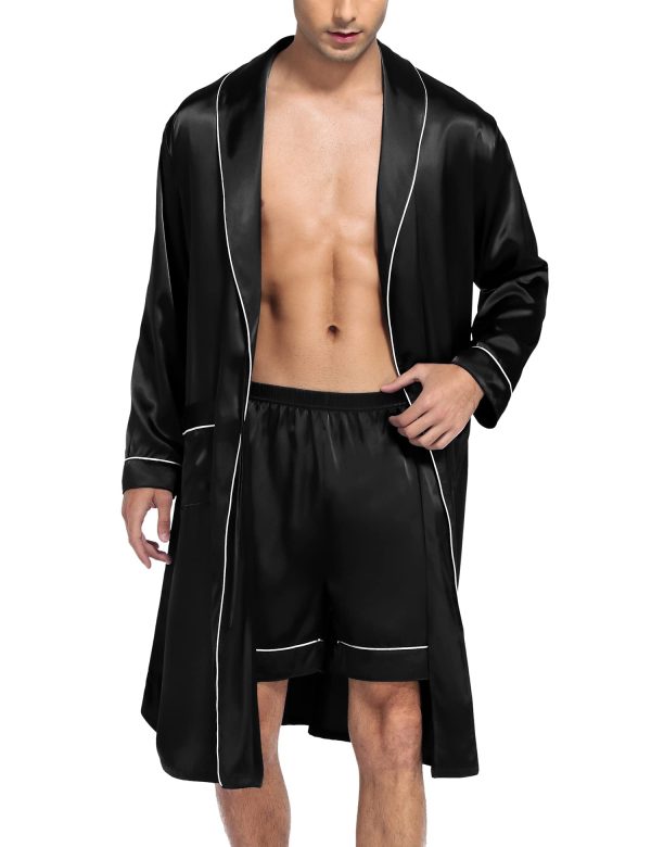 Men's Satin Robe Silky Kimono Bathrobe with Shorts Set Lightweight Soft Loungewear Nightwear