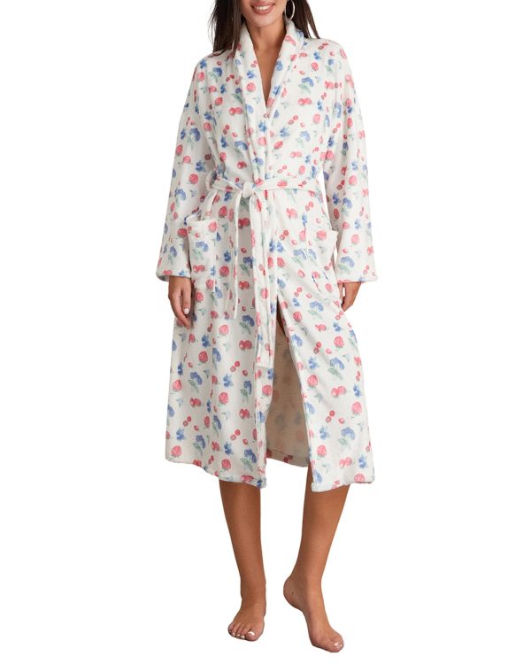 Women's Soft Summer Dressing Gown Floral Fruit Print Plush Shawl Collar Bathrobe Warm Lounge Robe with Belt