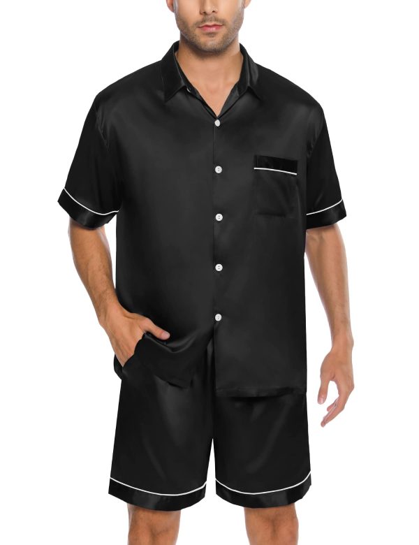Men Silk Satin Pajamas Short Sleeve Pjs Set Button Down Sleepwear Soft Lounge Set Nightwear with Pockets