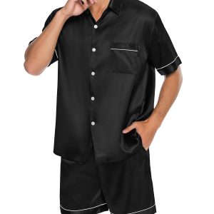 Men Silk Satin Pajamas Short Sleeve Pjs Set Button Down Sleepwear Soft Lounge Set Nightwear with Pockets
