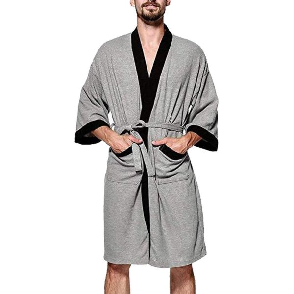 Men's Waffle Kimono Robe Cotton Lightweight Nightgowns Spa Terry Cloth Bathrobe Sleepwear with Pockets