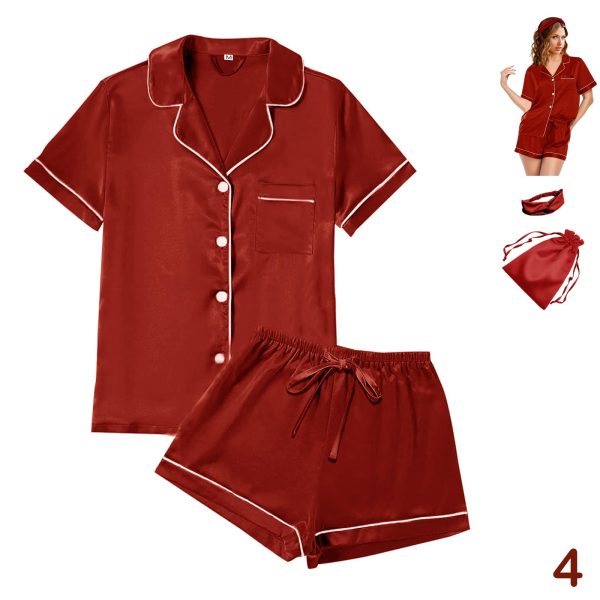 4Pcs Womens Satin Silky Pajama Sets Short Sleeve Shirt XS-4XL Floral Pajamas Set Soft PJ Loungewear Sleepwear