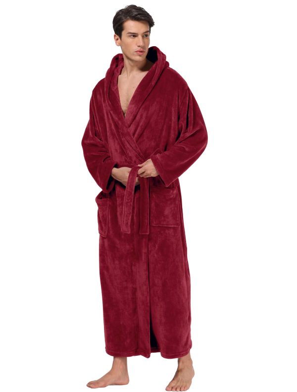 Men's Plush Hooded Bathrobe Winter Warm Fleece Robes Soft Flannel Long Robes with Pockets, Full Length