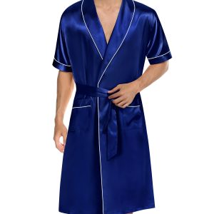 Men's Satin Robe with Shorts Set Silky Short Sleeve Kimono Bathrobe Lightweight Soft Sleepwear
