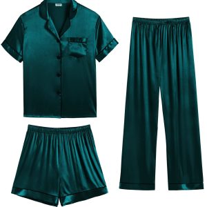 Mens 3pcs Pajamas Set Silk Satin Short Sleeve Sleepwear Button Down Pjs Classic Loungewear Nightwear
