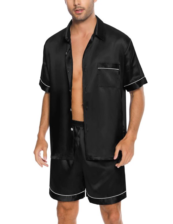 Men Silk Satin Pajamas Short Sleeve Pjs Set Button Down Sleepwear Soft Lounge Set Nightwear with Pockets