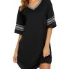 Womens Nightgown Cotton Sleepwear Short Sleeve Sleep Shirt V Neck Color Block Nightshirt
