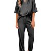 Satin Pajama Set Womens Silk Short Sleeve V Neck Shirt with Long Pant Soft Loungewear Pjs Set