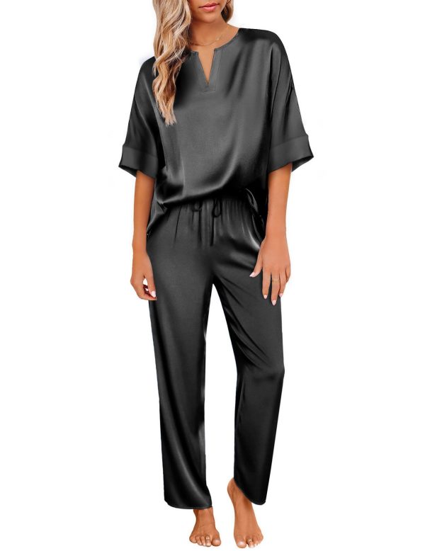 Satin Pajama Set Womens Silk Short Sleeve V Neck Shirt with Long Pant Soft Loungewear Pjs Set
