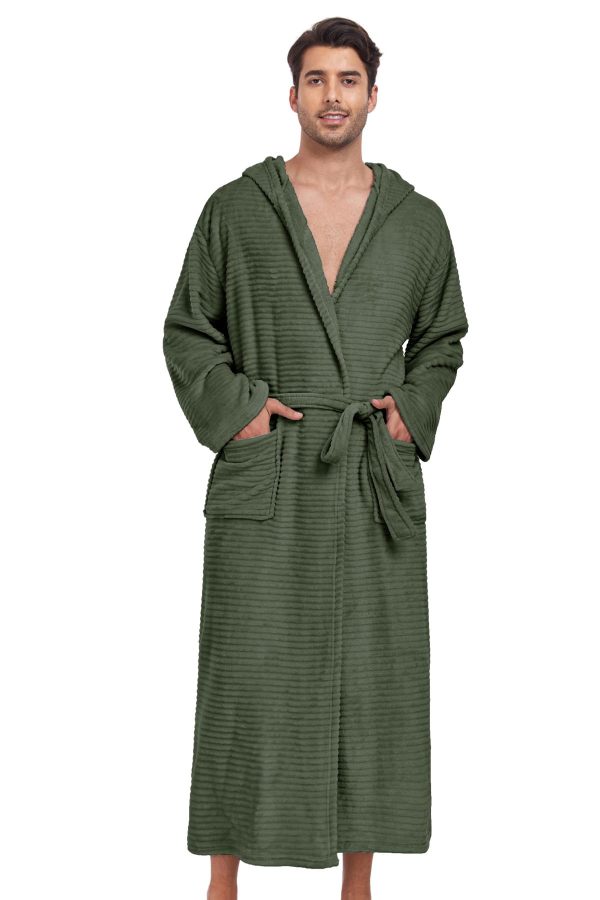 Mens Fleece Hooded Bathrobe Soft Plush Long House Coat with Pockets Flannel Nightgown Fluffy Warm Robe Sleepwear