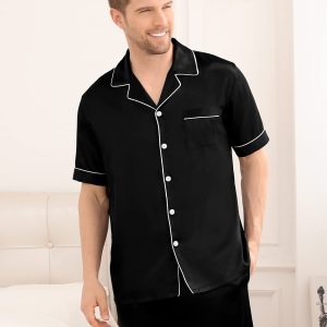 Mens Satin Silky Pajama Set Short Sleeve Classic Sleepwear Button Down Loungewear with Long Pants