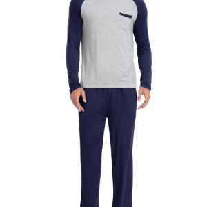 Mens Pajama Set Long Sleeve V Neck 2 Piece Nightwear Loungewear Sleepwear Modal Pants With Pockets Pj's Sleep for Men
