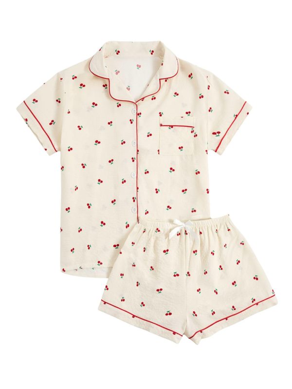 Women's 2 Piece Pajama Set Matching Pjs Sets Cute Printed Sleepwear Button Up Shirt with Lounge Shorts Set