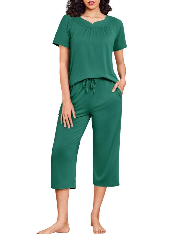 Capri Pajamas Short Sleeve Mumu Pjs Sets 2 Pieces Pleated Top and Capri Pants Sleepwear Loungewear for Women