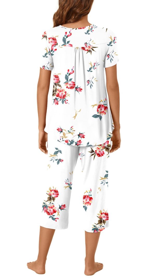 Womens Pajama Set 2 Piece Summer Sleepwear Set Henley Neck Short Sleeve Capri Pant With Pockets Ladies Pjs