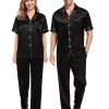 Couples Pajamas Sets Women & Men Satin Short Sleeve Sleepwear Button Down Loungewear Pjs Set with Long Pants