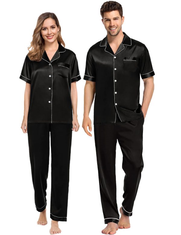 Couples Pajamas Sets Women & Men Satin Short Sleeve Sleepwear Button Down Loungewear Pjs Set with Long Pants