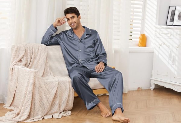 Mens Silk Pajamas Set, Long Sleeve Satin Pajamas for Men Sleepwear Button Down Pjs Set Two-piece
