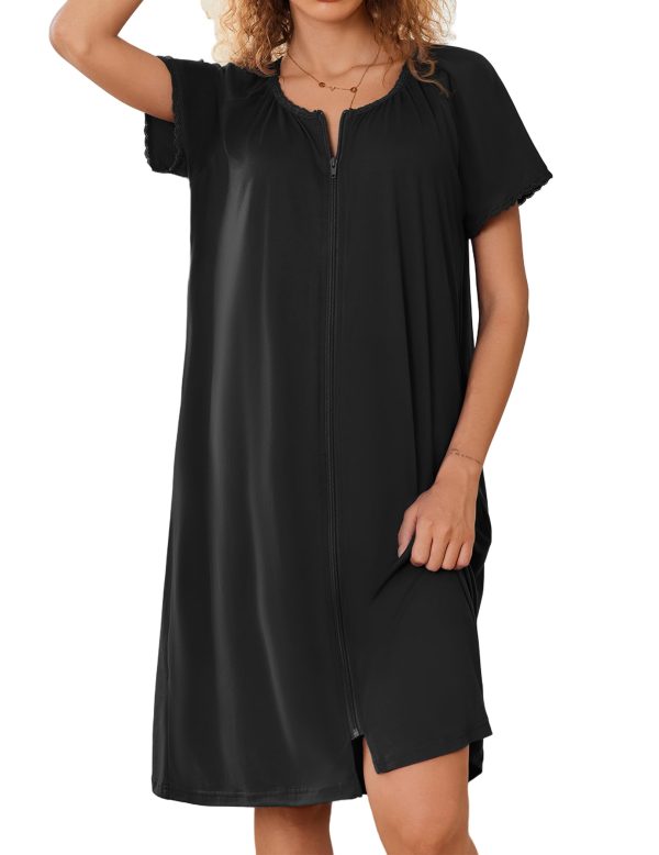 Zipper Robes for Women Short Sleeves Knit Bathrobes Knee Length Soft Lace Trim Loungewear with Pockets S-3XL