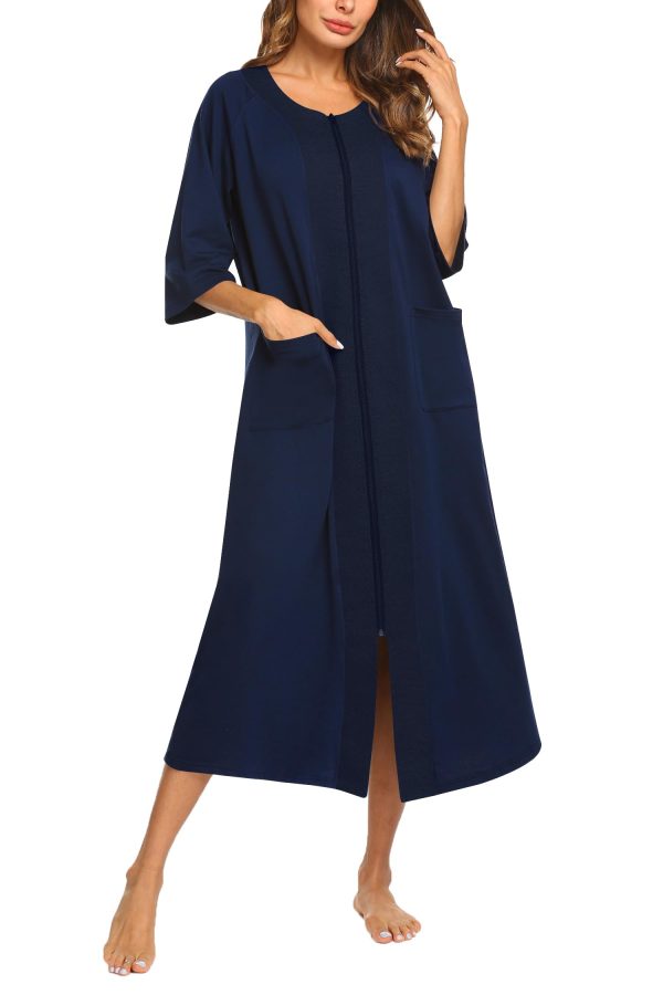 Women's Zipper Robe 3/4 Sleeve Housecoats Full Length House Dress Loungewear Long Nightgown with Pockets