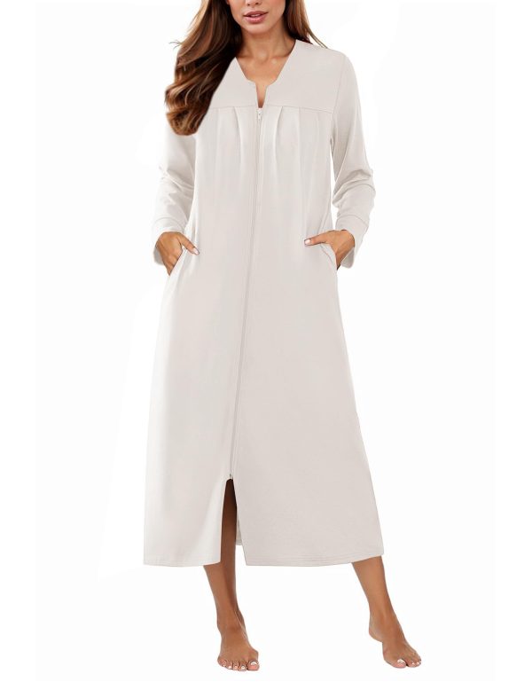 Zipper Robes for Women Long Knit Bathrobes Lightweight Full Length Housecoat with Pockets Nightgown S-3XL