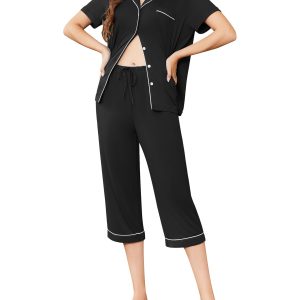 Capri Pajamas for Women Short Sleeve Button Down Sleepwear Comfy Lounge Set 2-Piece Pants Pjs