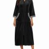 Robe for Women Velour Zipper Robe 3/4 Sleeves Housecoat Full Length Loungewear Long Bathrobe with Pockets