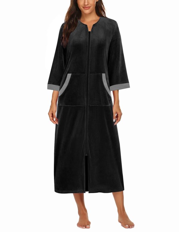 Robe for Women Velour Zipper Robe 3/4 Sleeves Housecoat Full Length Loungewear Long Bathrobe with Pockets