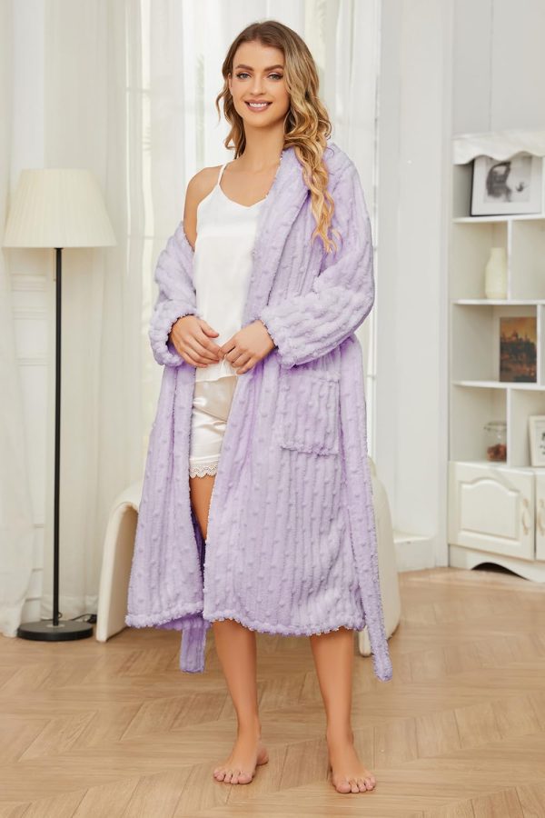 Fuzzy Soft Robes for Women, Long Plush Hooded Robe Fluffy Warm Bathrobes