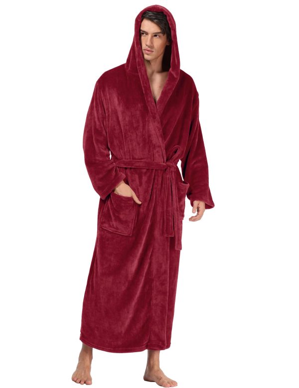Men's Plush Hooded Bathrobe Winter Warm Fleece Robes Soft Flannel Long Robes with Pockets, Full Length